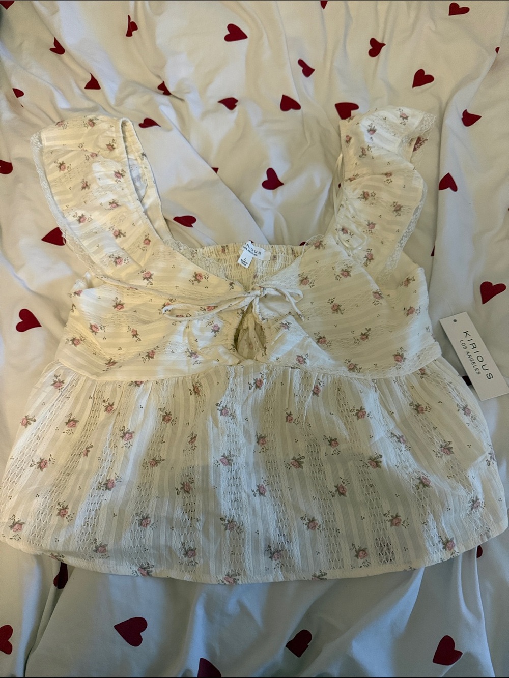 KiraLuos Cream Floral Tie-Front Peplum Blouse